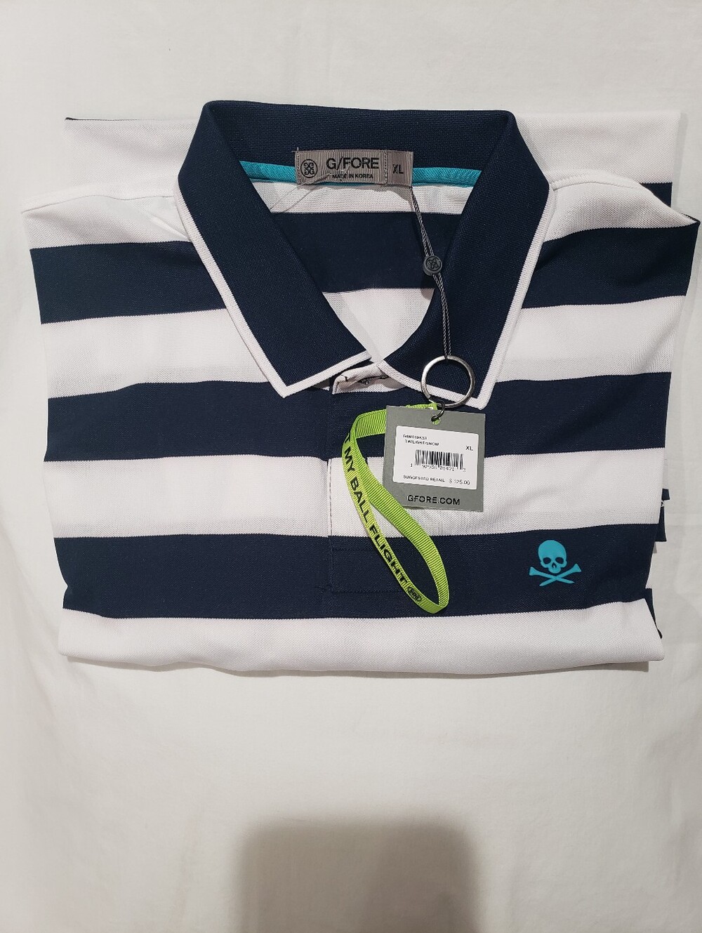 G/FORE Striped Polo with Skull Logo - Navy & White